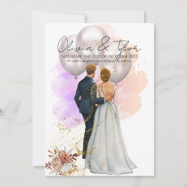 Invitation Romantic Bride & Groom with Balloons (Devant)