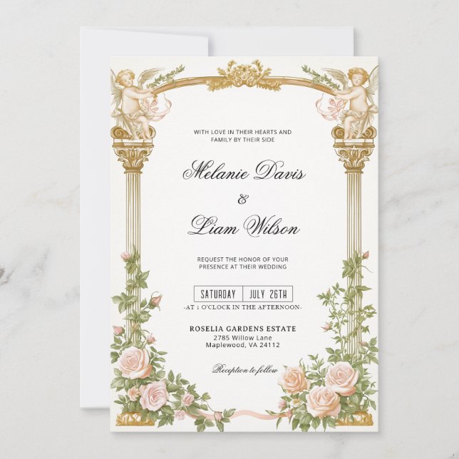 Invitation Romantic Cherub Gold Arch Floral Wedding  (Devant)