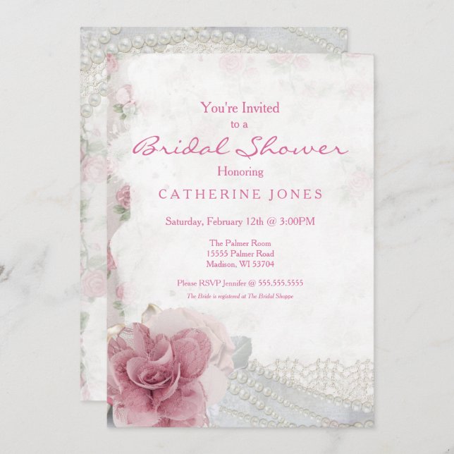 Invitation Romantic Chic Rose Bridal Showeuse (Devant / Derrière)