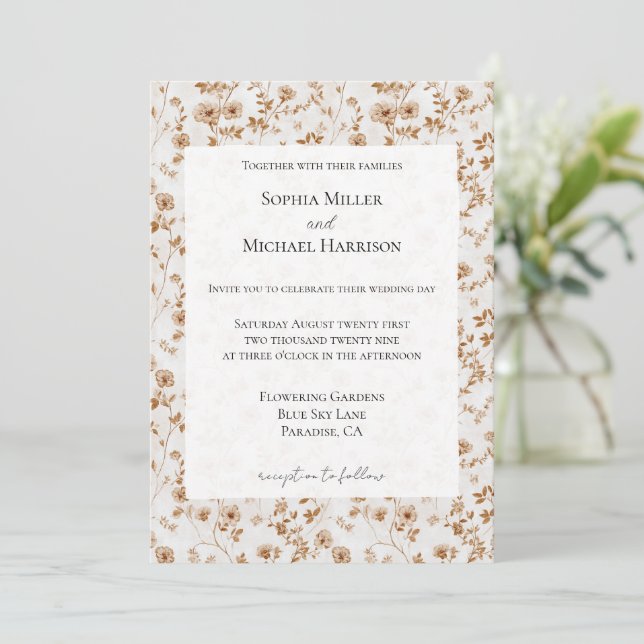 Invitation Romantic Cream Brown Floral Wedding (Debout devant)