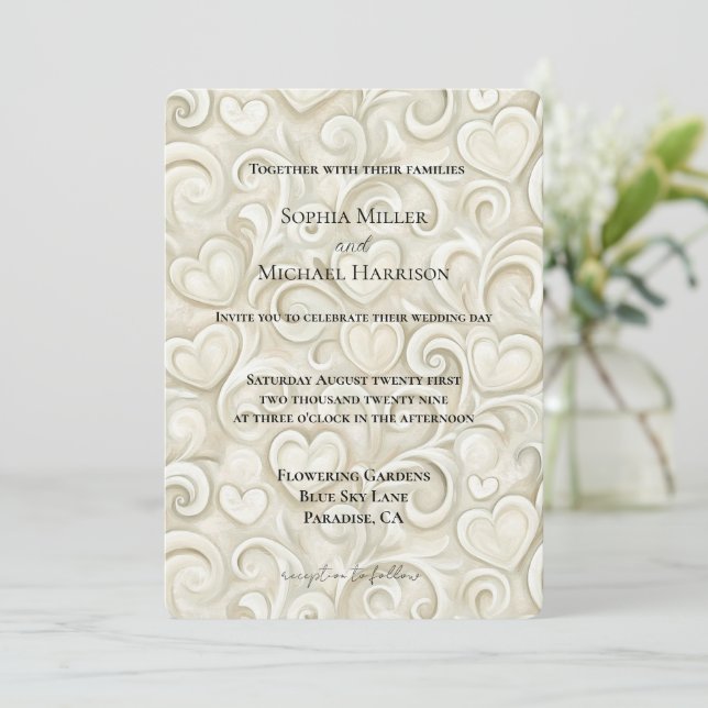 Invitation Romantic Cream Hearts Swirls Wedding (Debout devant)