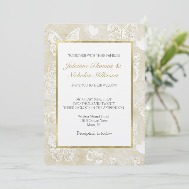 Invitation Romantic Cream Ivory Butterflies Hearts Wedding (Debout devant)