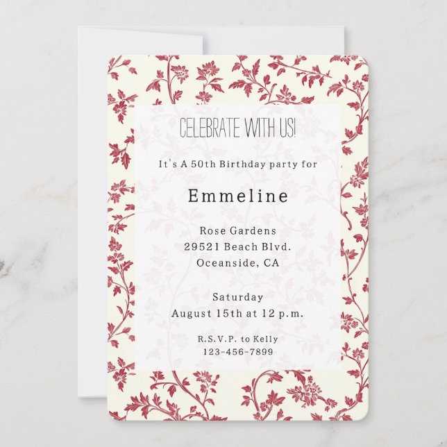 Invitation Romantic Cream Red Leaves Birthday (Devant)
