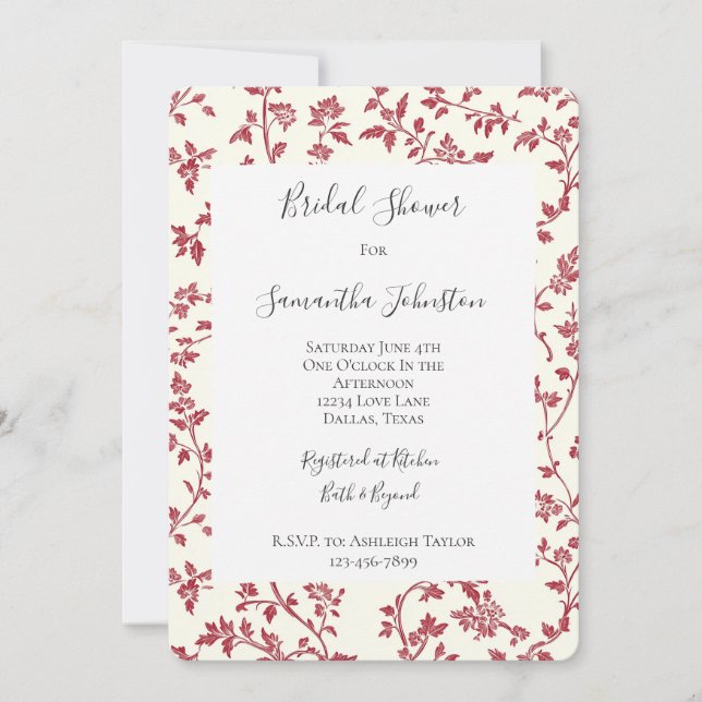 Invitation Romantic Cream Red Leaves Bridal Shower (Devant)