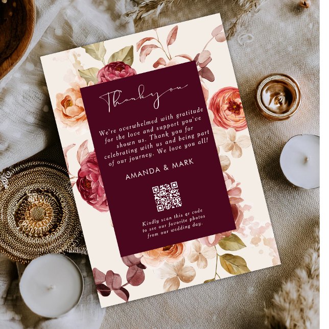 Invitation Romantic Deep Burgundy Floral Elegant Thank you (Créateur téléchargé)