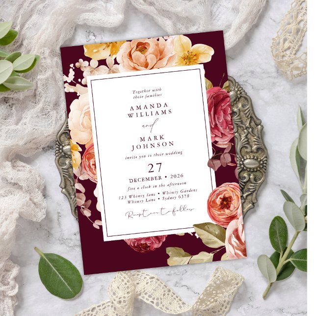 Invitation Romantic Deep Burgundy Floral Elegant Wedding  (Créateur téléchargé)