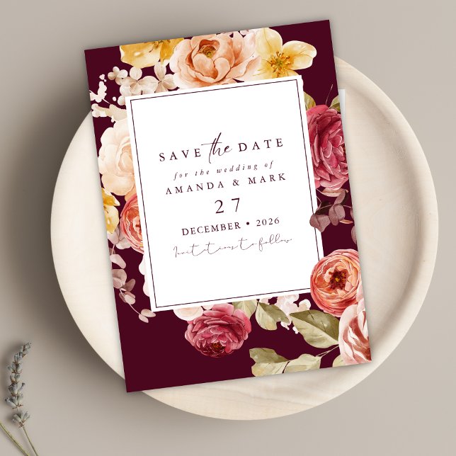 Invitation Romantic Deep Burgundy Floral Save the date   (Créateur téléchargé)