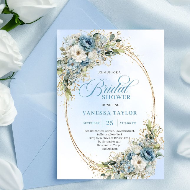 Invitation Romantic Dusty Blue Flowers Bridal Shower Invite (Romantic Dusty Blue Flowers Bridal Shower Invitation)