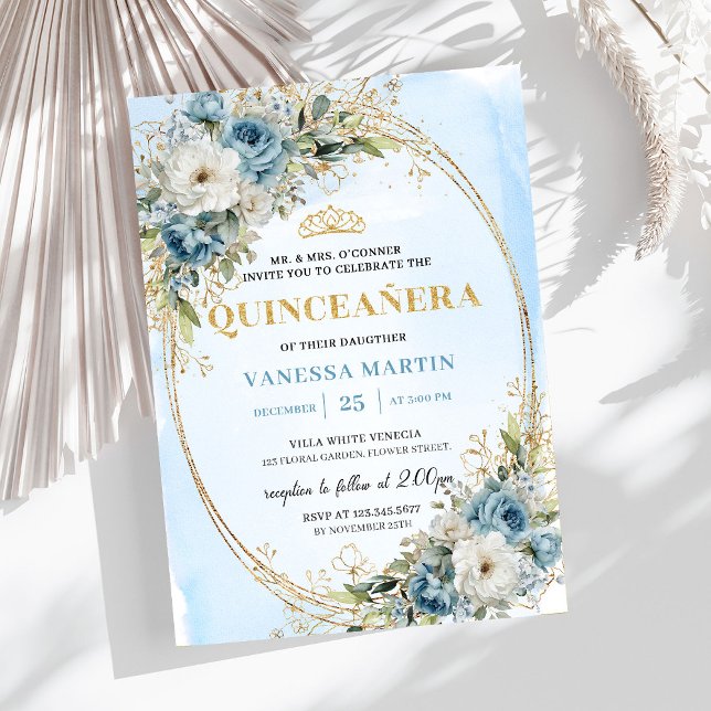 Invitation Romantic Dusty Blue Gold Greenery Quinceañera (Romantic Dusty Blue Gold Greenery Quinceañera)