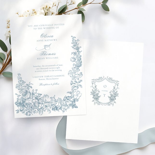 Invitation Romantic Dusty Blue Line Art Floral Wedding (Créateur téléchargé)