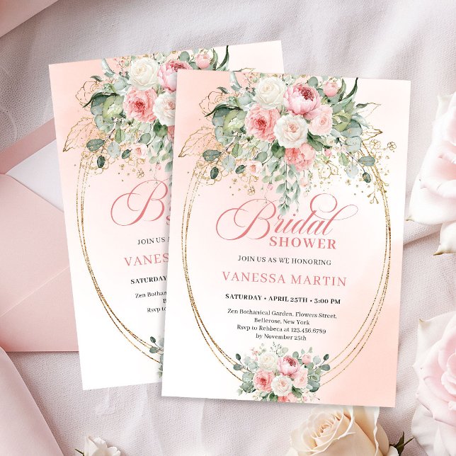 Invitation Romantic Dusty Rose Eucalyptus Gold Bridal Shower (Romantic Dusty Rose Eucalyptus Bridal Shower Invitation)