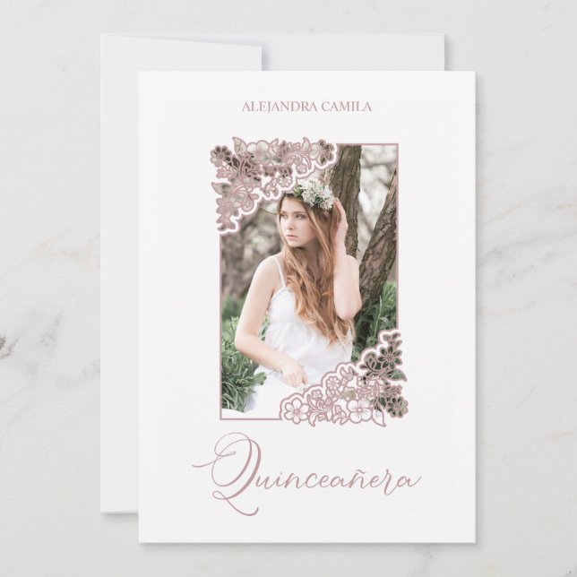 Invitation Romantic Fake Rose Gold Floral Frame Photo XV años (Devant)