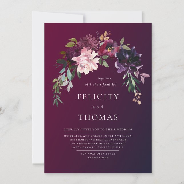 Invitation Romantic Fall Floral Burgundy Wash QR Code Mariage (Devant)