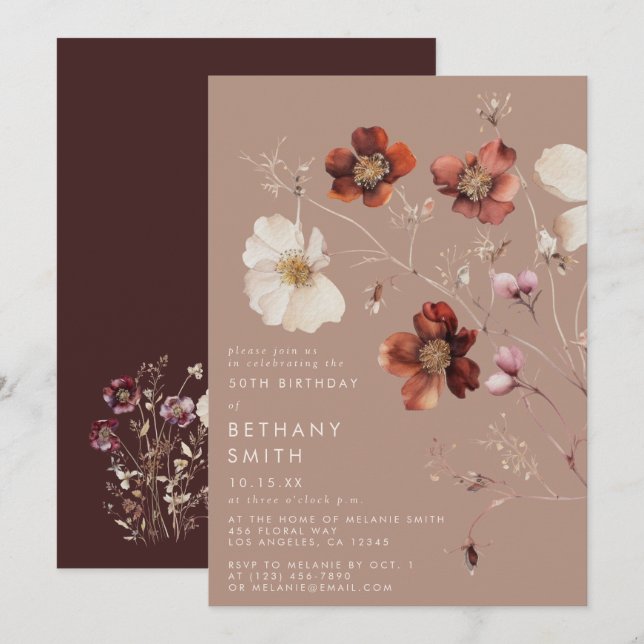 Invitation Romantic Fall Taupe Fleur sauvage fête d'anniversa (Devant / Derrière)