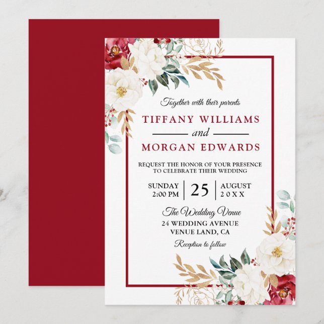 Invitation Romantic Festin Rouge Blanc Vert Floral Mariage (Devant / Derrière)
