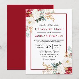Invitation Romantic Festin Rouge Blanc Vert Floral Mariage