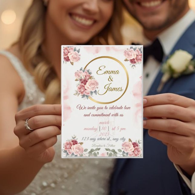Invitation Romantic Floral Wedding Invite | Blush & Gold Rose (Créateur téléchargé)