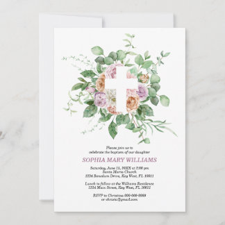 Invitation Romantic Flowers & White Cross Girl Baptism
