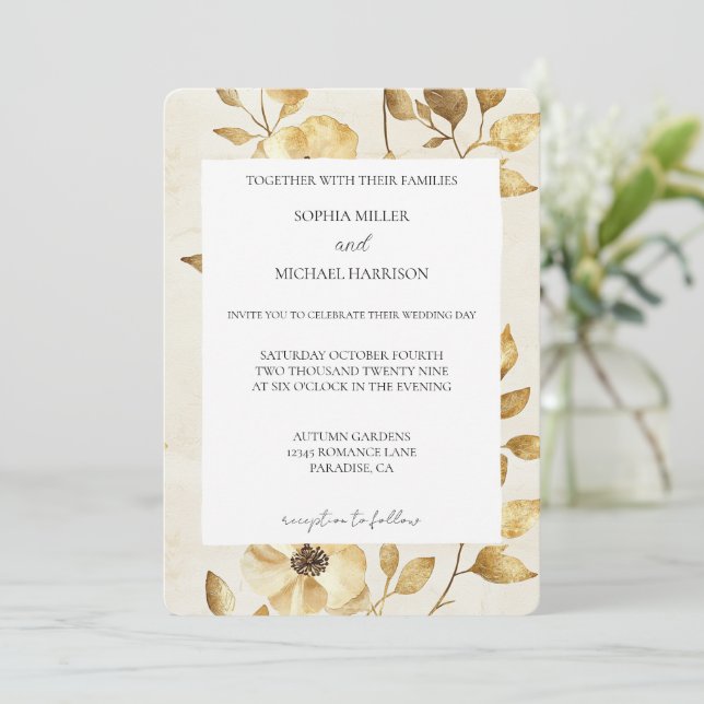 Invitation Romantic Gold Cream Floral Wedding (Debout devant)