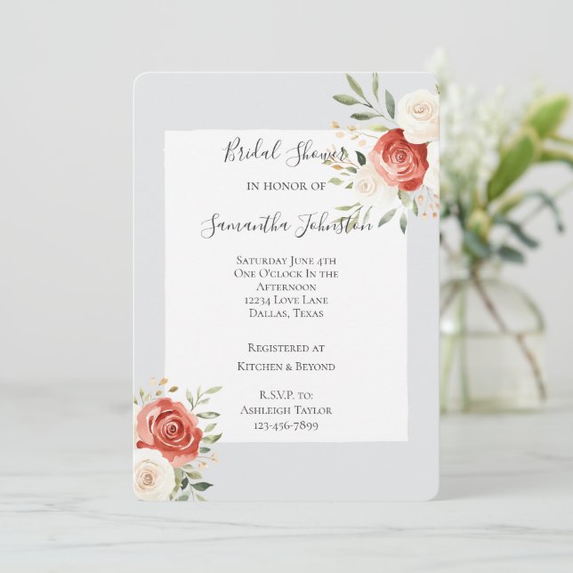 Invitation Romantic Grey Red Cream Roses Bridal Shower (Debout devant)