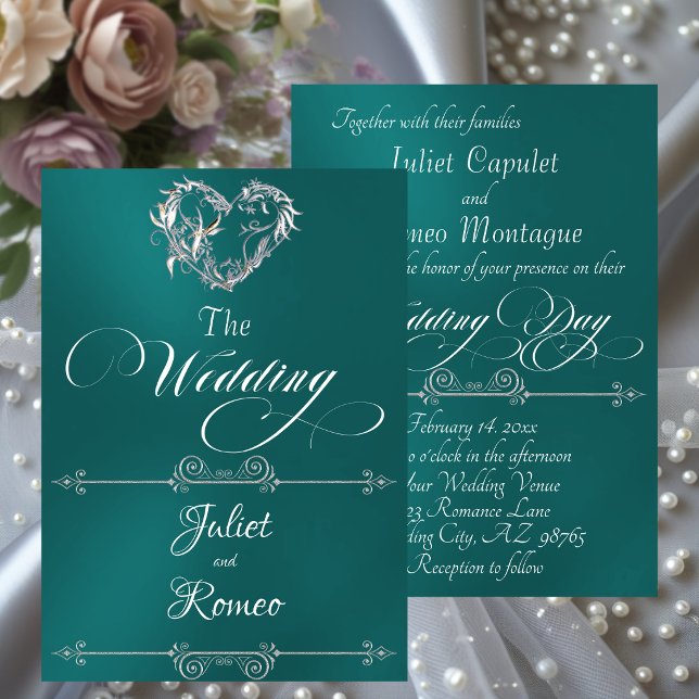 Invitation Romantic Heart & Calligraphy on Teal - Wedding (Créateur téléchargé)