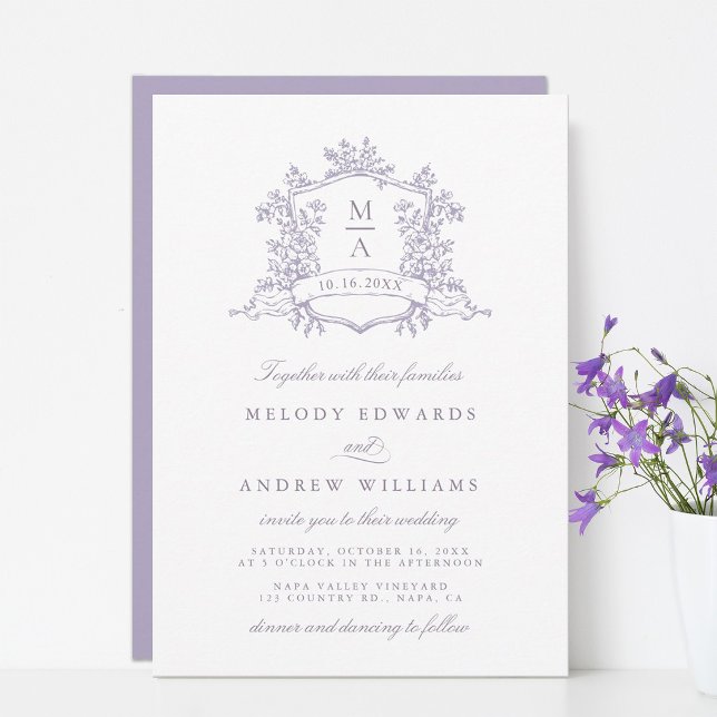 Invitation Romantic Lavender Floral Crest Wedding (Créateur téléchargé)