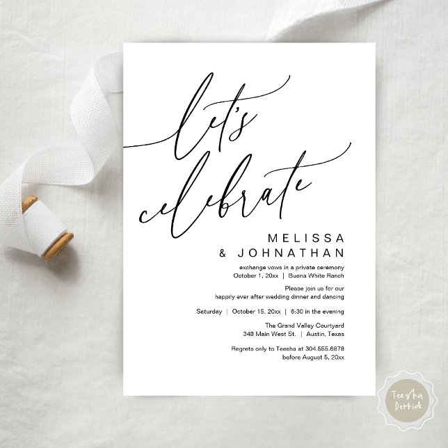 Invitation Romantic Let's Celebrate Wedding Elopement Party (Let's Celebrate, Romantic Charm Wedding Elopement Dinner Party Brunch Invites Card PDF White Black)