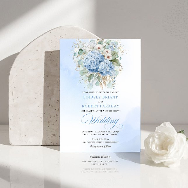 Invitation Romantic Light Blue Hydrangea Gold Wedding Invite (Romantic Light Blue Hydrangea Gold Wedding Invite)