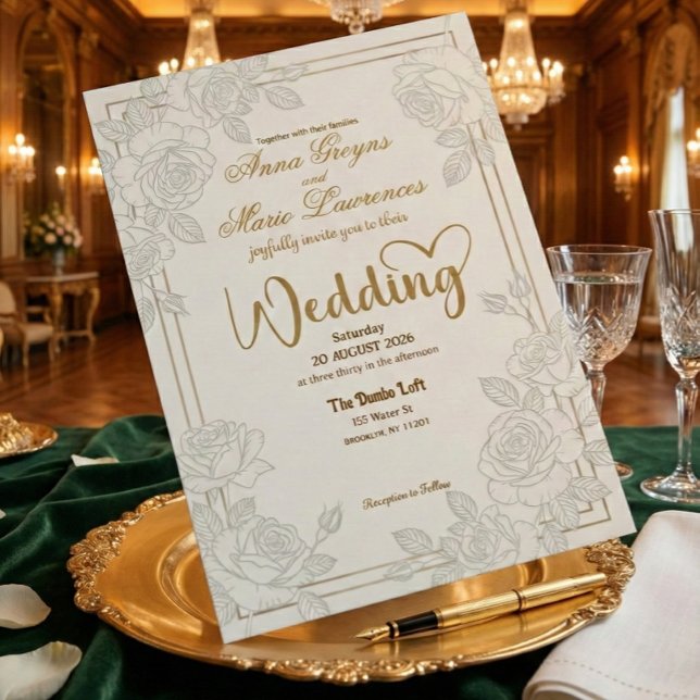 Invitation Romantic Line Art Rose Faux Gold Foil Wedding  (Créateur téléchargé)