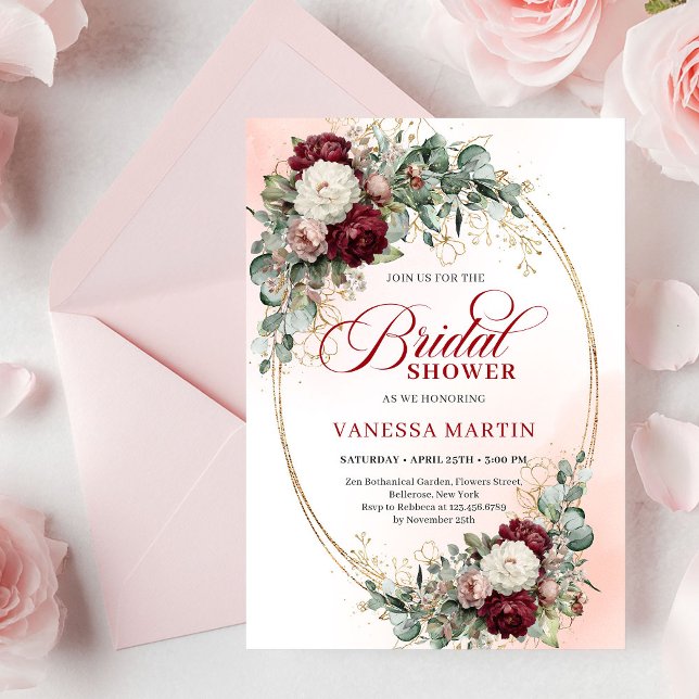 Invitation Romantic Maroon Floral Gold Bridal Shower Card (Romantic Maroon Floral Gold Bridal Shower Card

)