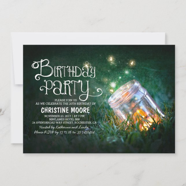 Invitation Romantic mason jar lucioles anniversaire invitatio (Devant)