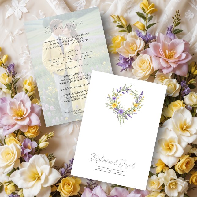 Invitation Romantic Minimalist Wedding Yellow Lavender Wreath (Romantic Minimalist Wedding Yellow & Lavender Wreath Photo Invitations Cards. )