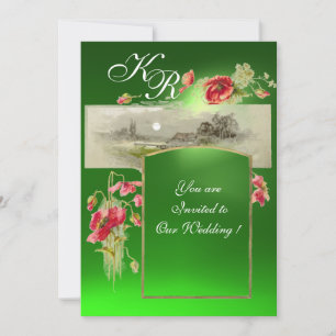 Invitation ROMANTİC MONOGRAM / POPIES, rouge, émeraude verte
