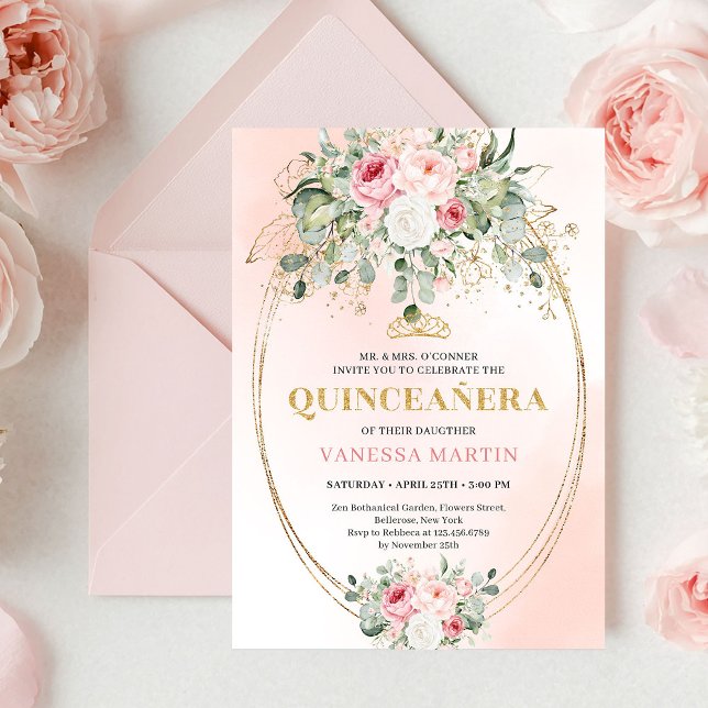 Invitation Romantic Pale Pink Eucalyptus Quinceañera Invite (Romantic Pale Pink Eucalyptus Quinceañera Invite

)