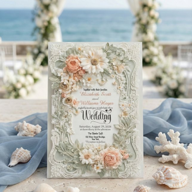 Invitation Romantic Peach Floral Faux Embossed Wreath Wedding (Créateur téléchargé)