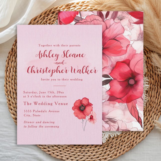 Invitation Romantic Pink Red Floral Wedding (Romantic pink and red watercolor floral wedding invitation)