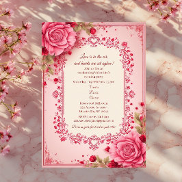 Invitation Romantic Roses Pink Heart Motifs Valentine Party 