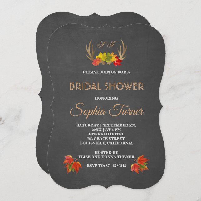 Invitation Romantic Rustic Antlers Automne Fête des mariées I (Devant / Derrière)