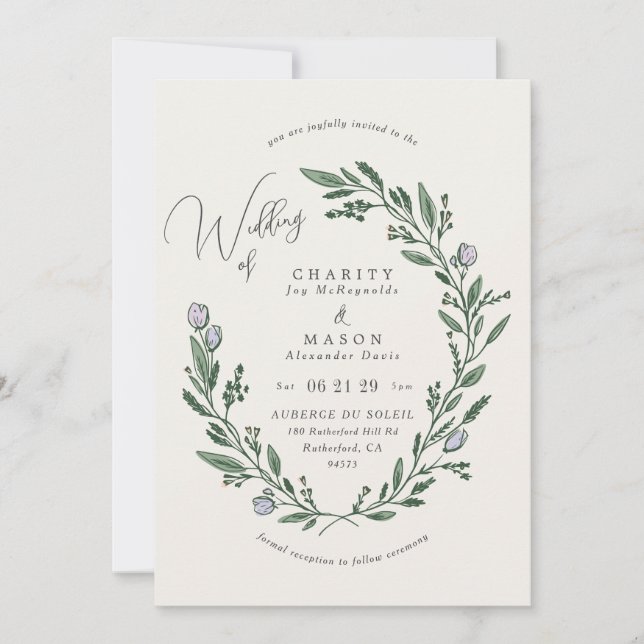 Invitation Romantic Soft Lilac Floral Crest Élégant Mariage (Devant)