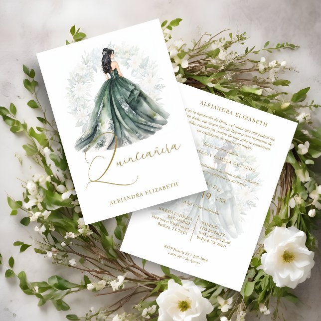 Invitation Romantic Spanish Quinceañera in Green & Golden  (Romantic Spanish Quinceañera in Green & Golden Invitation)