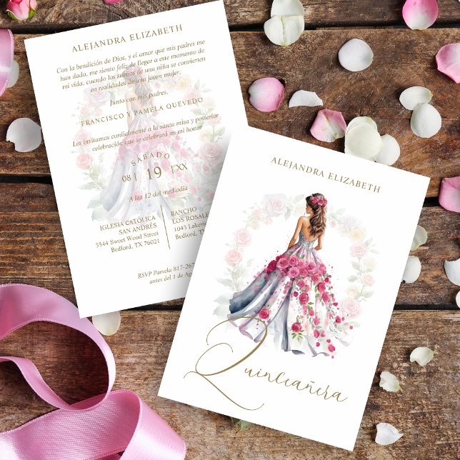 Invitation Romantic Spanish Quinceañera in Pink Shades  (Romantic Spanish Quinceañera in Pink Shades Invitation Card with Envelope. )