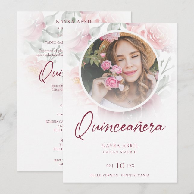 Invitation Romantic Spanish Quinceañera Photo Floral in Pink (Devant / Derrière)