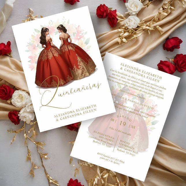 Invitation Romantic Spanish Quinceañera Twins Red & Golden  (Romantic Spanish Quinceañera Twins Red & Golden Invitation.)
