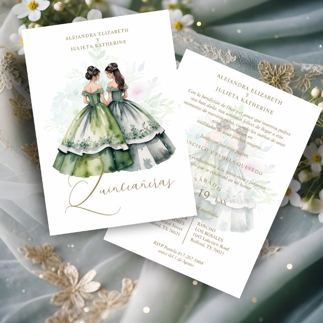 Invitation Romantic Spanish Quinceañeras Twins Green Shades (Romantic Spanish Quinceañeras Twins in Green Shades Invitation Card with Envelope.)