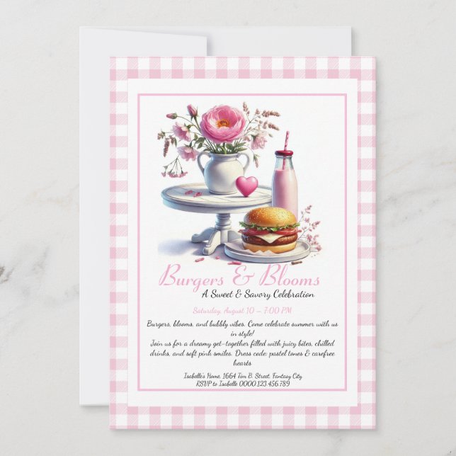 Invitation Romantic Summer Party Watercolor Burger & Pink  (Devant)