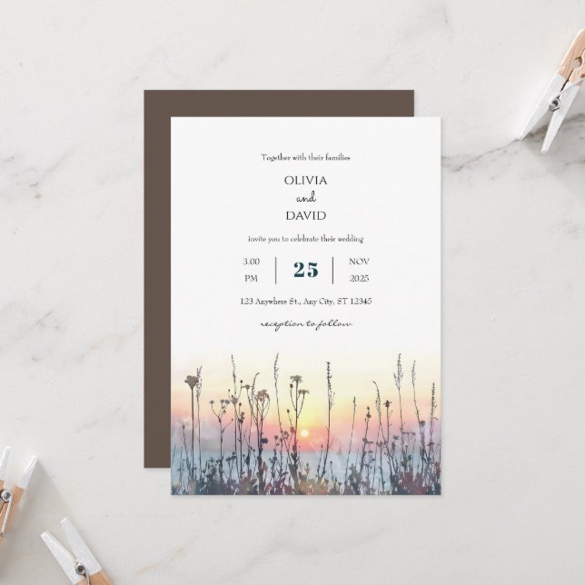 Invitation Romantic Sunset Coastal Meadow Art Beach wedding (Devant/Arrière en situation)