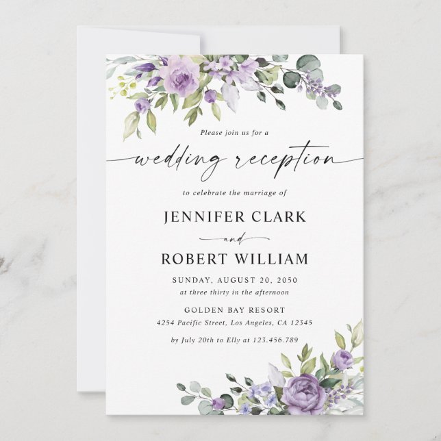 Invitation Romantic Violet Flowers Wedding Reception (Devant)