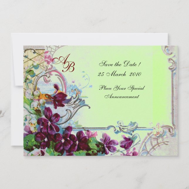 Invitation ROMANTICA  4 MONOGRAM, Mariage Violet Vert (Devant)