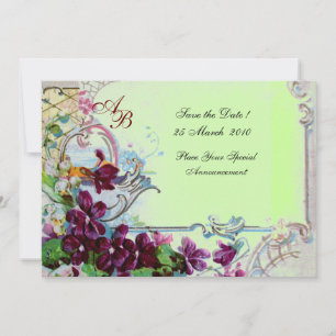 Invitation ROMANTICA  4 MONOGRAM, Mariage Violet Vert