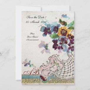 Invitation ROMANTICA Fleurs Bleu Rose Blanc Mariage Monogramm